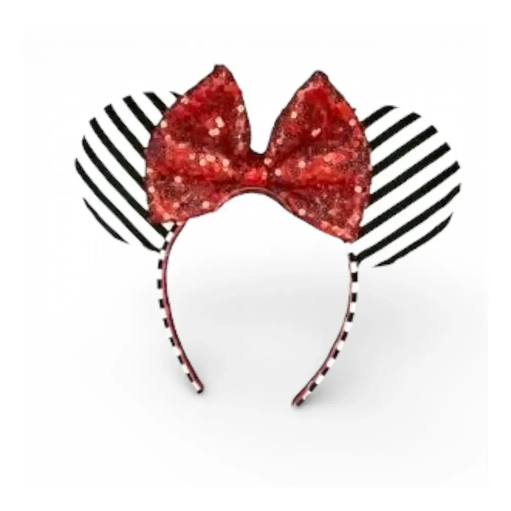Custom Wicked Style Mouse Ears Headband Ruby Red Sequin Bow Black White Stripe
